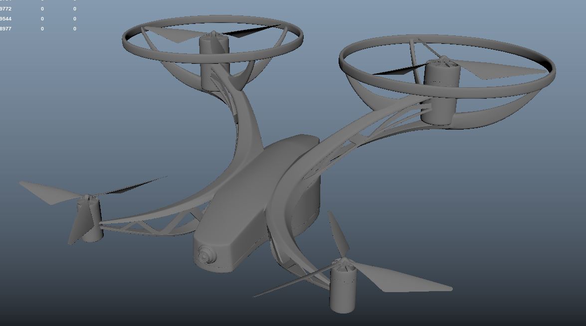 3D Modell einer fliegenden Drohne mit vier Rotorenblättern und einer Kamera