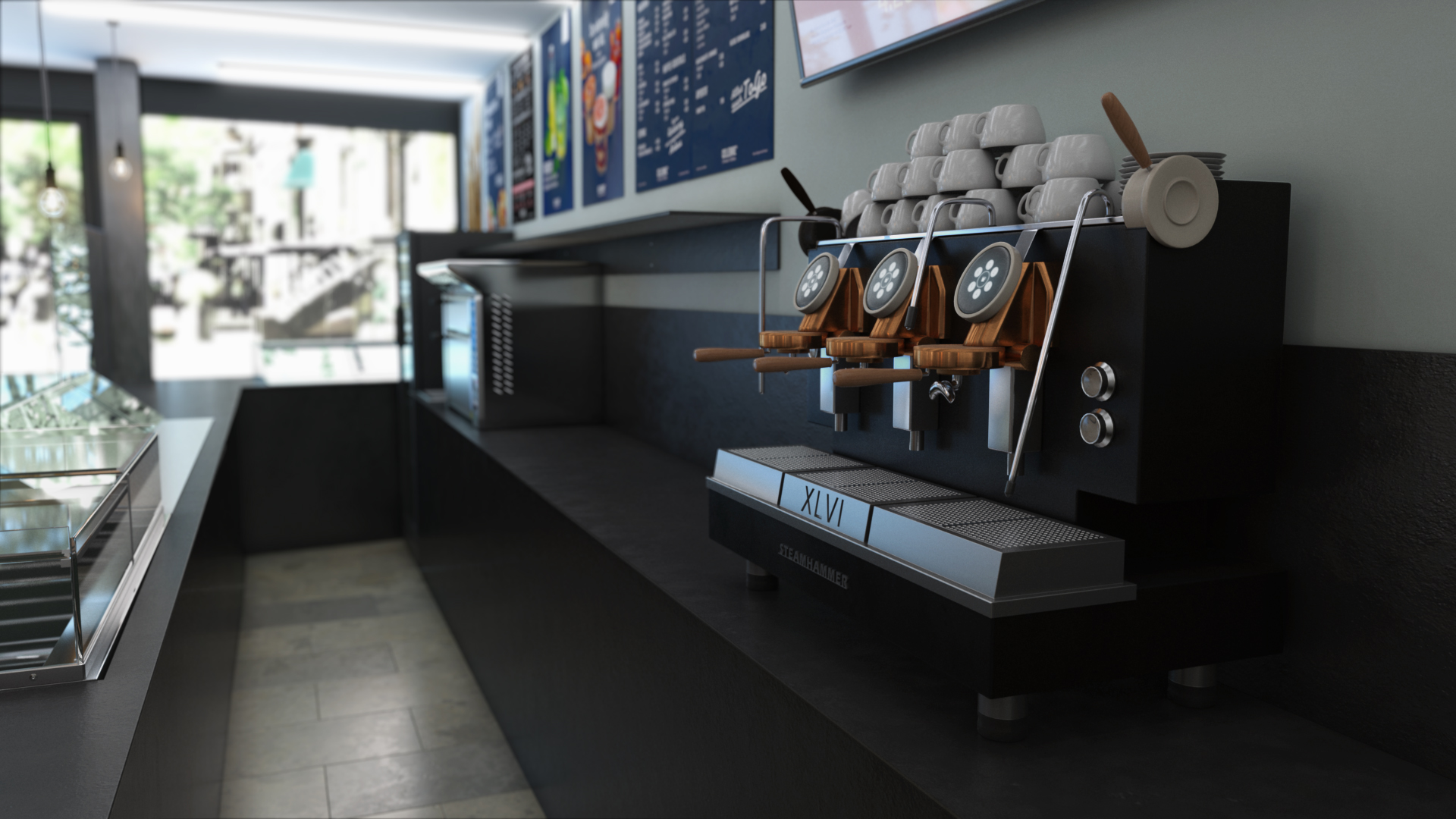 3D generiertes Bild einer Siebträgermaschine in einer Cafebar
