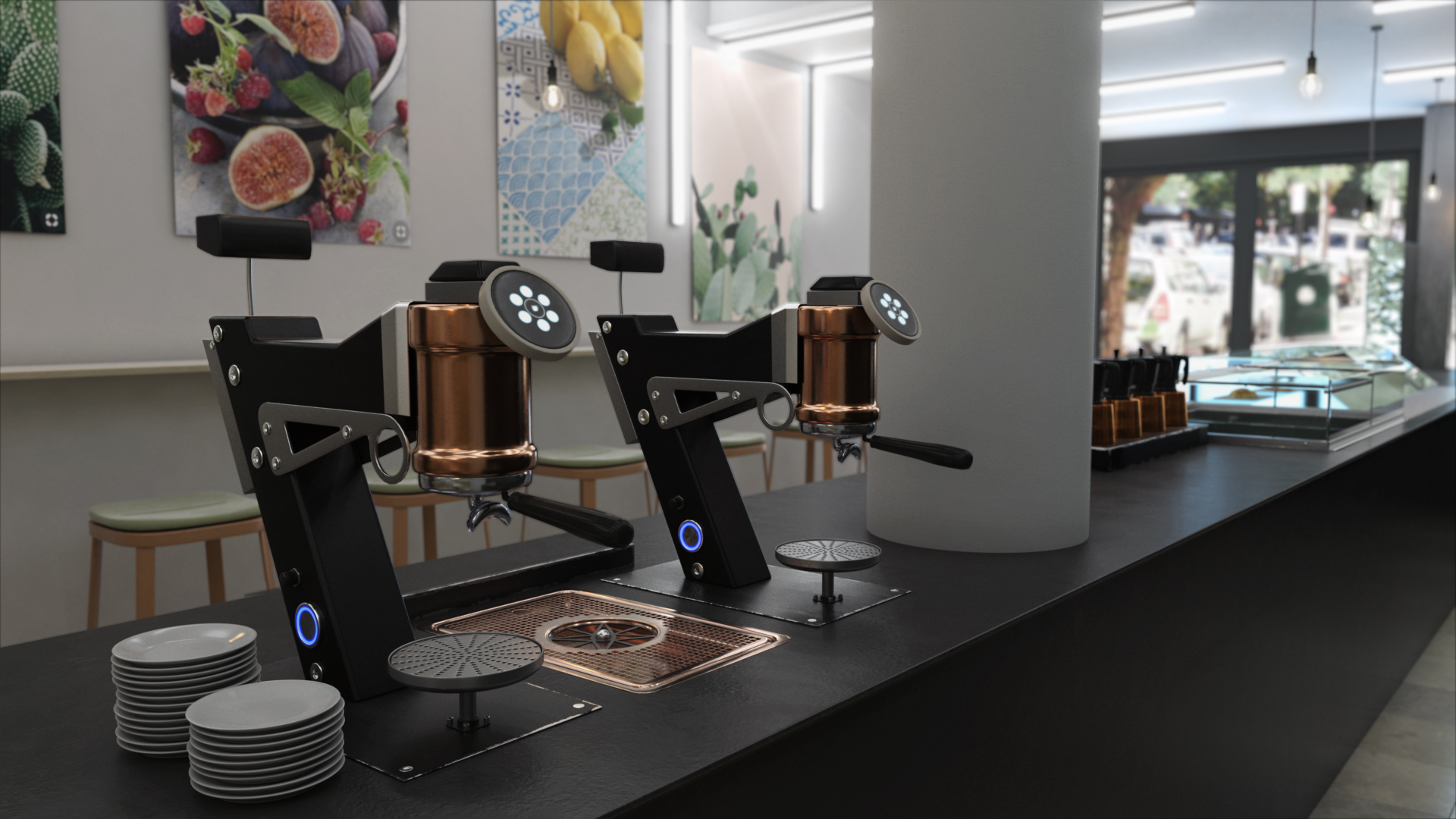 3D generiertes Bild von zwei Kaffeemaschinen in einer Cafebar