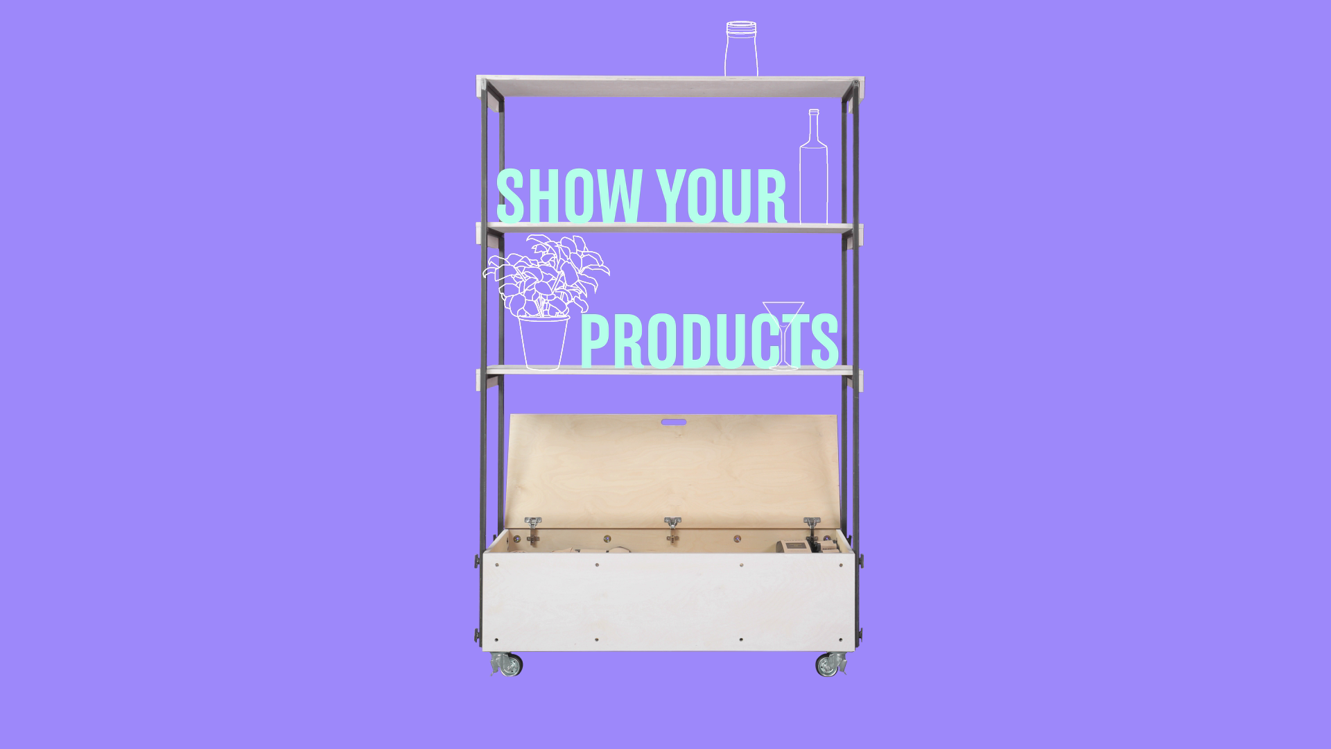 Ein Regal mit einem Show Your Products Schriftzug und gezeichneten Pflanzen