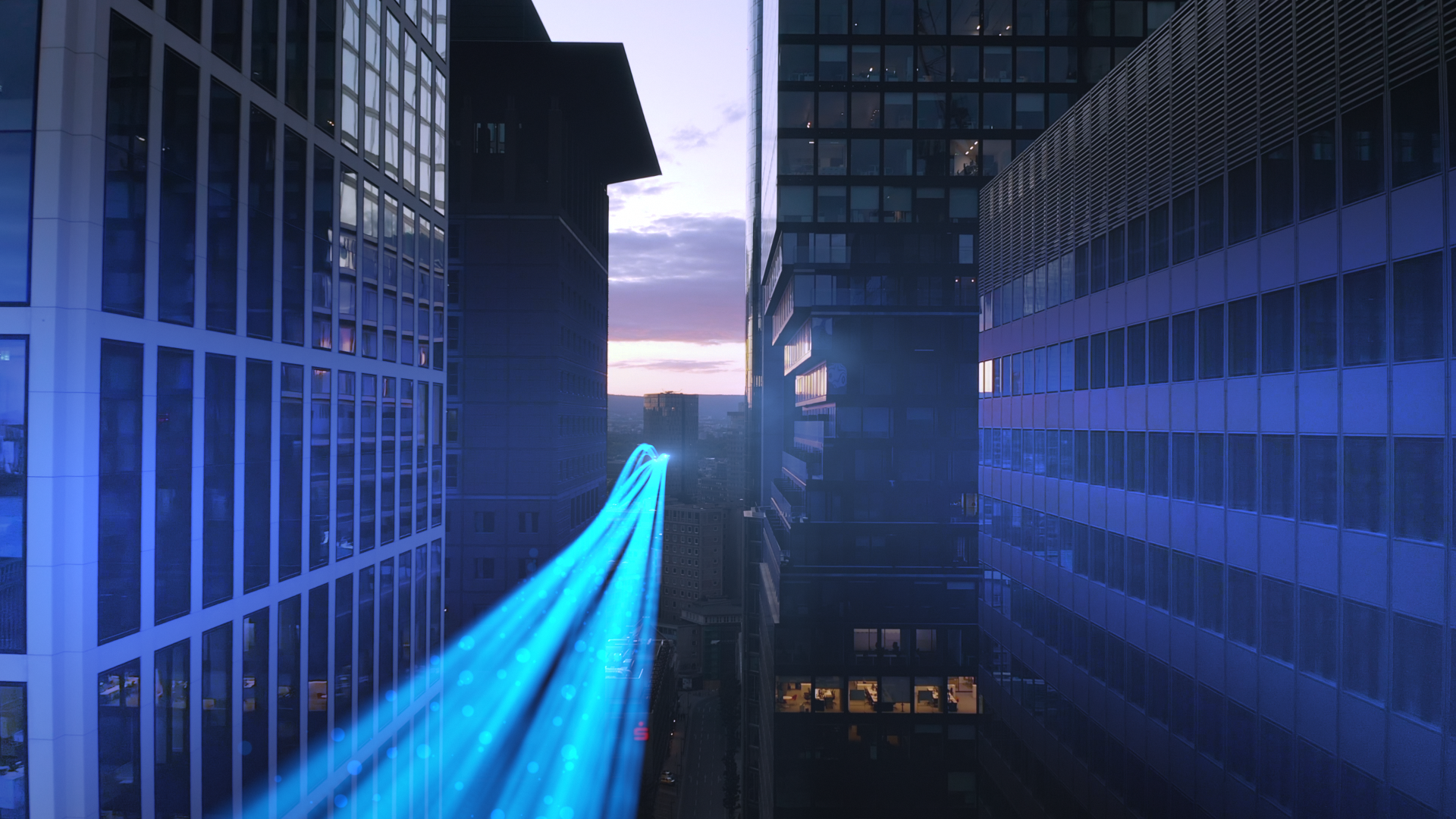 leuchtend blaue Streifen, die zwischen Hochhäusern durchfliegen und sie anstrahlen