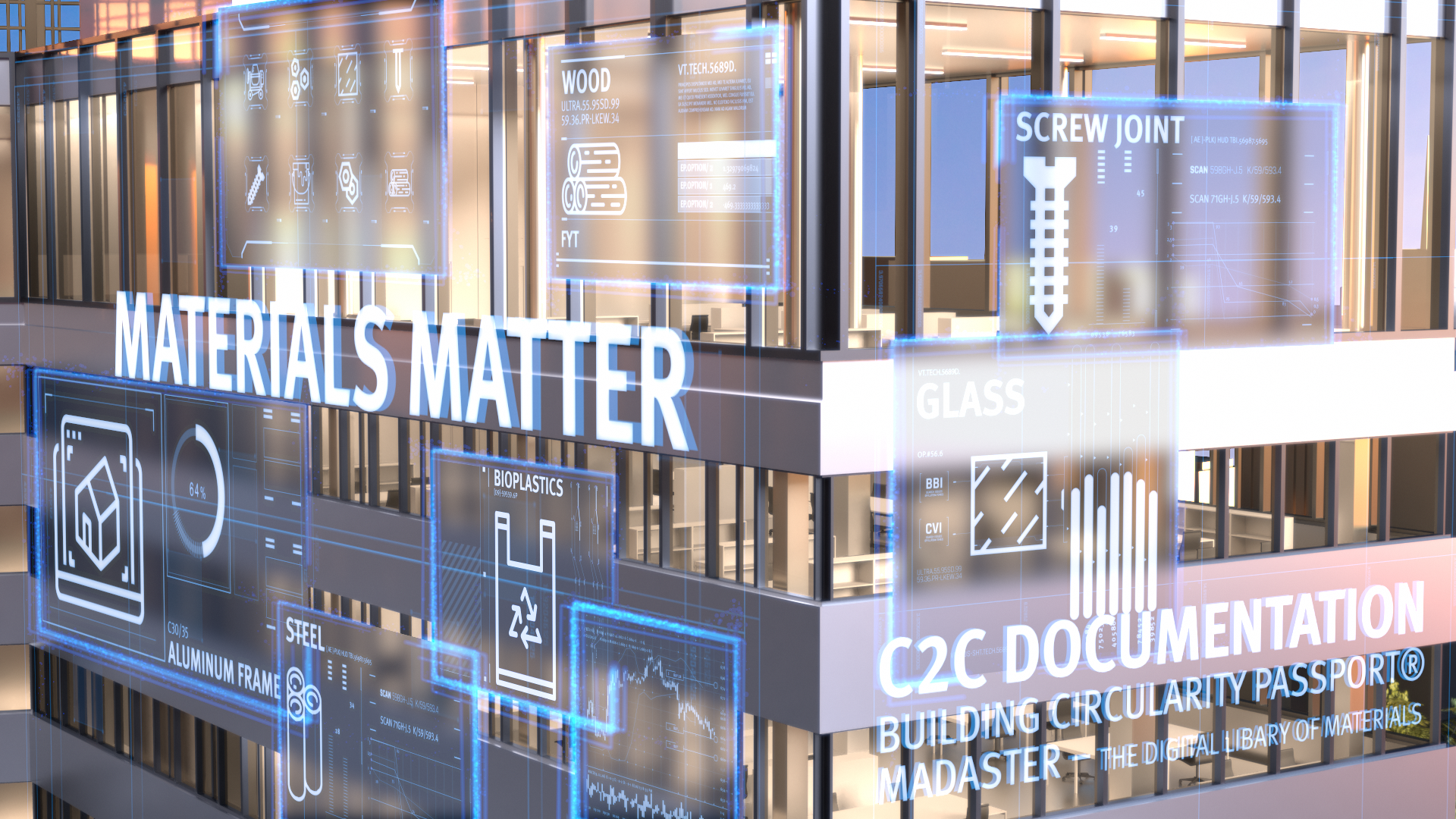 Materials Matter Schriftzug auf sonnenbeleuchtetem 3D geniertem Gebäude