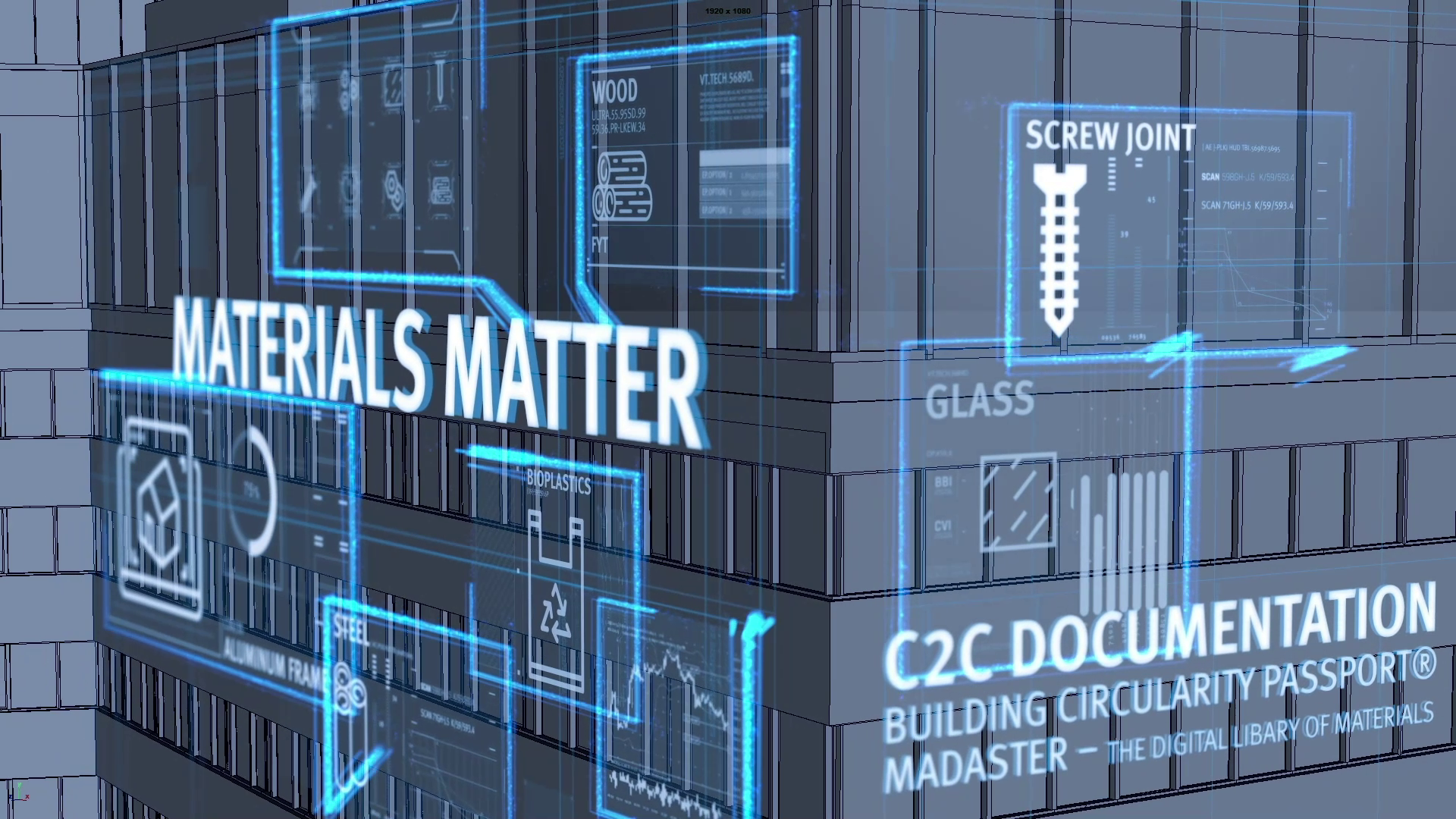 Materials Matter schriftzug auf einem Gebäude mit vielen Motion Graphics für Baumaterialien am Gebäude