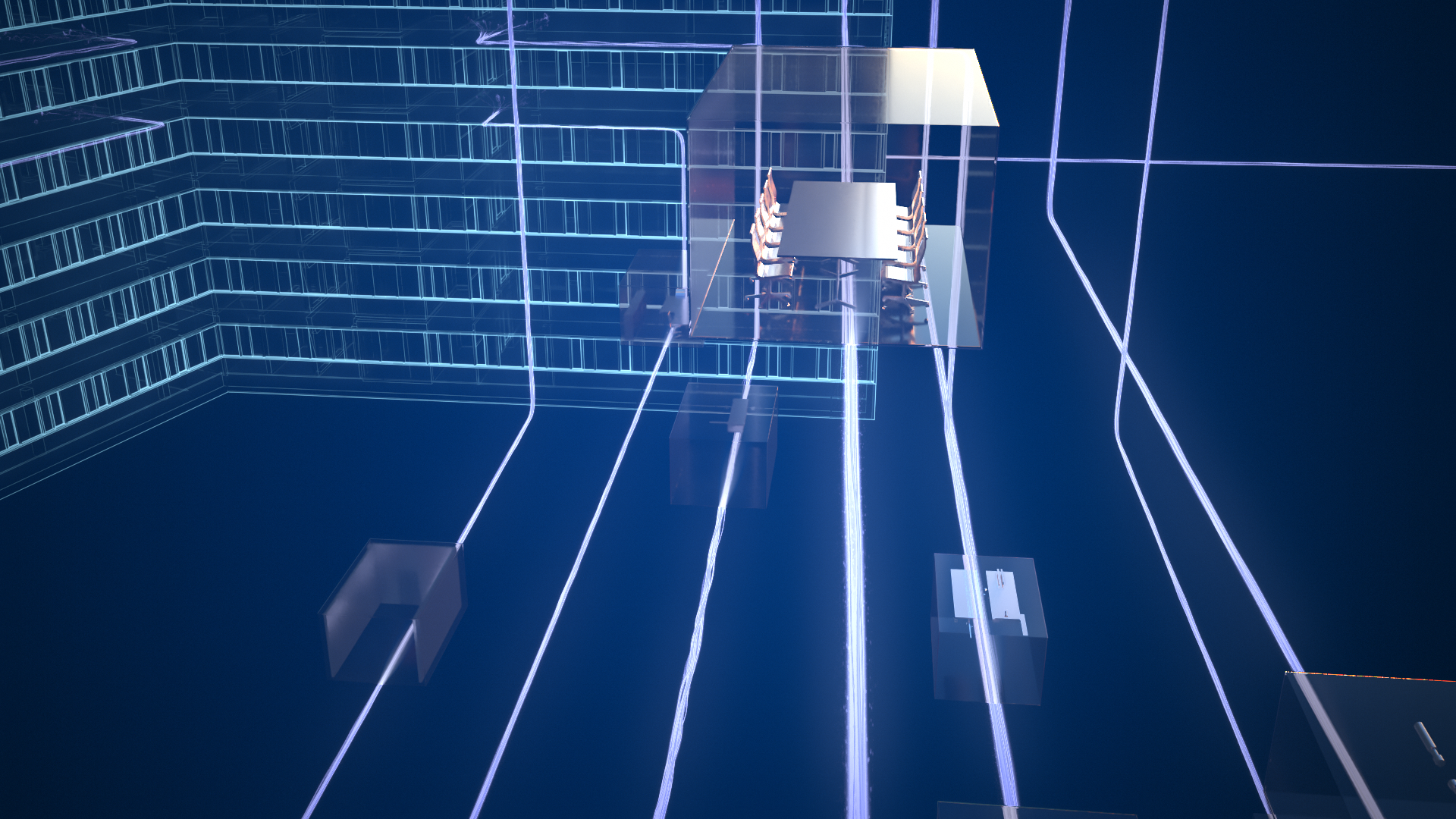 schwebende Räume auf leuchtenden Linien vor einem durchsichtigen Gebäude