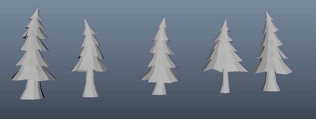 Several 3D model fir trees side by side