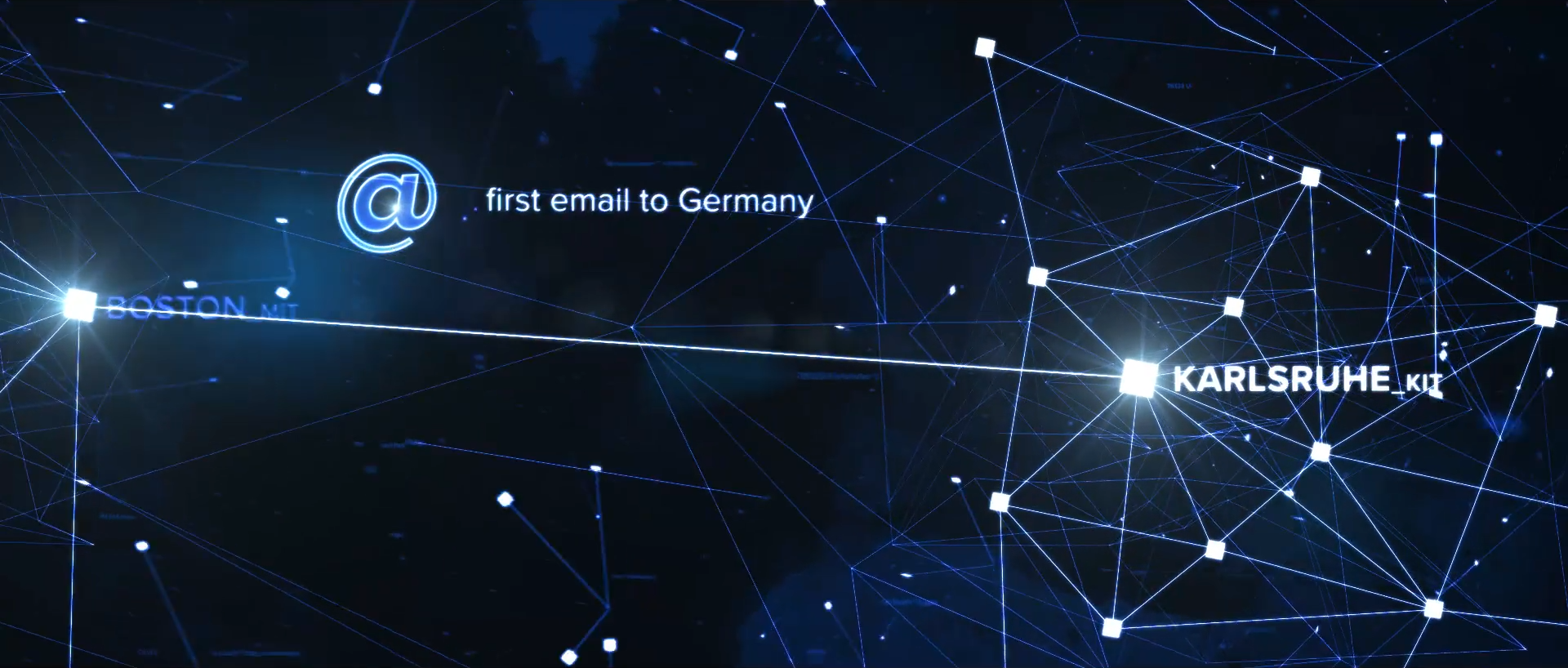 Blaue Motion Graphics, ein @ Zeichen mit first email to Germany fliegt auf Karlsruhe zu