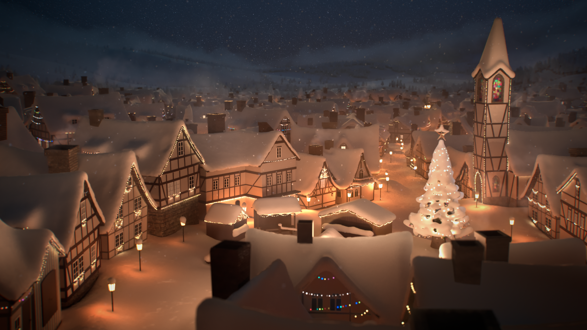 Idyllisches Winterdorf im Schnee geschmückt mit Lichterketten und ein Weihnachtsbaum