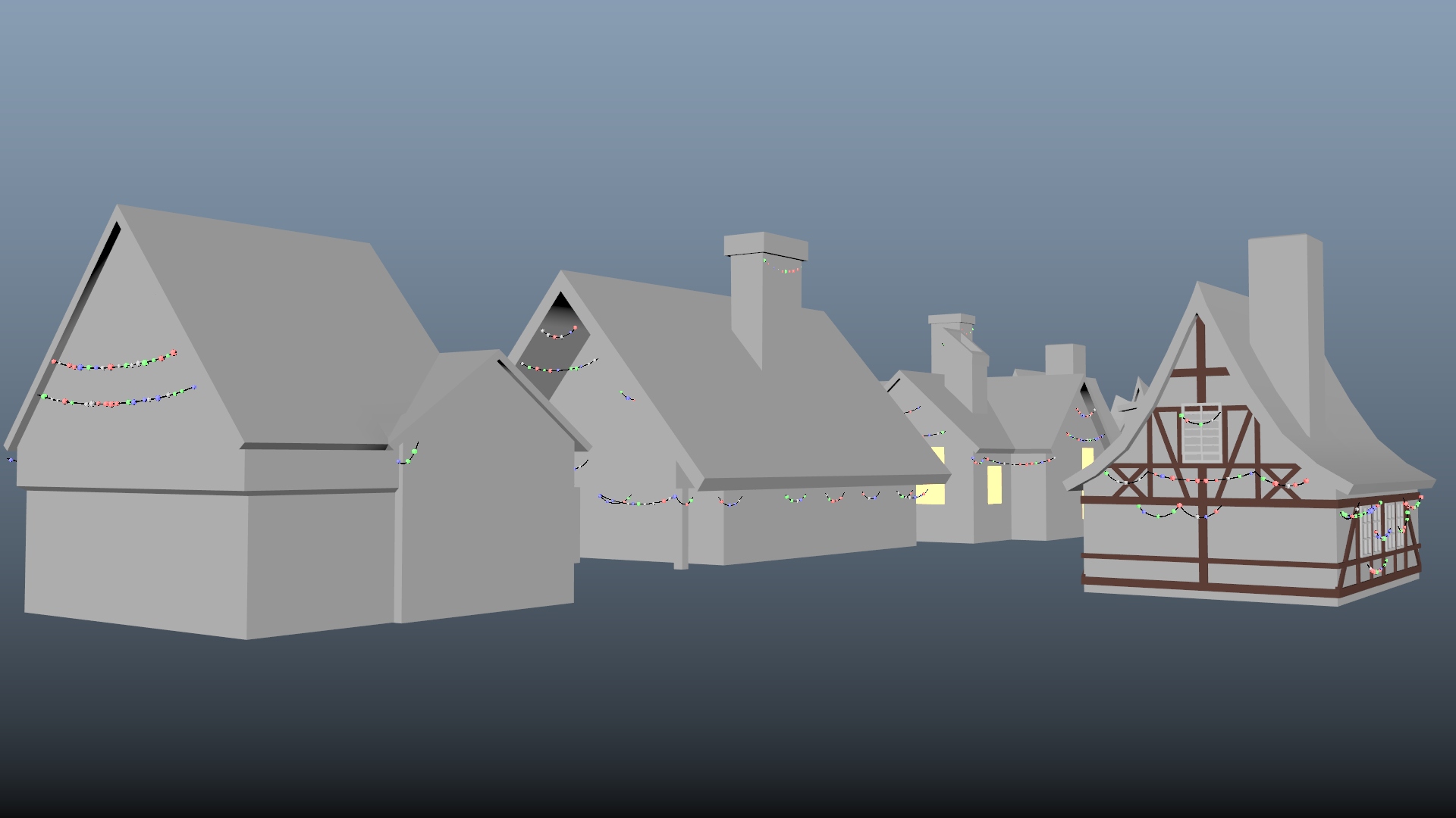 Several 3D model houses with chimneys decorated with fairy lights