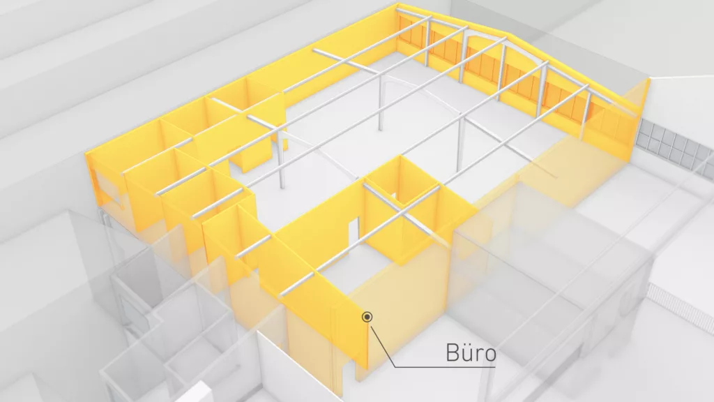 Ein näheres Rendering einer Lagerhalle, die von schräg oben gezeigt wird. Darin wird ein Büro gelb hervorgehoben und beschriftet