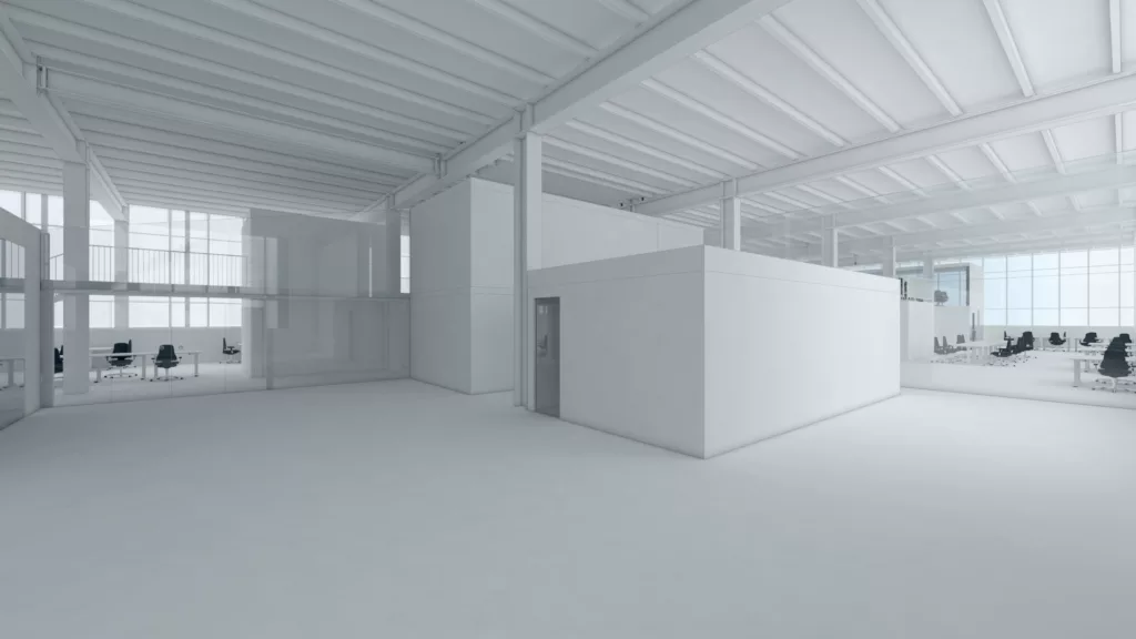 Eine weißes Rendering einer leeren Lagerhalle mit leichten Grautönen für eine bessere Stimmung