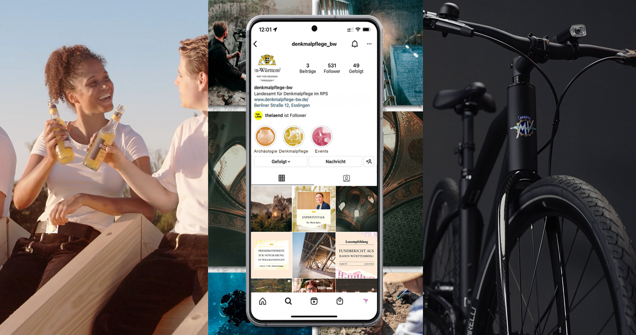 Raster aus 3 Bildern: links Personen die mit Getränk anstoßen, in der Mitte ein Smartphone mit einer Instagram Seite, rechts ein Fahrrad von vorne.